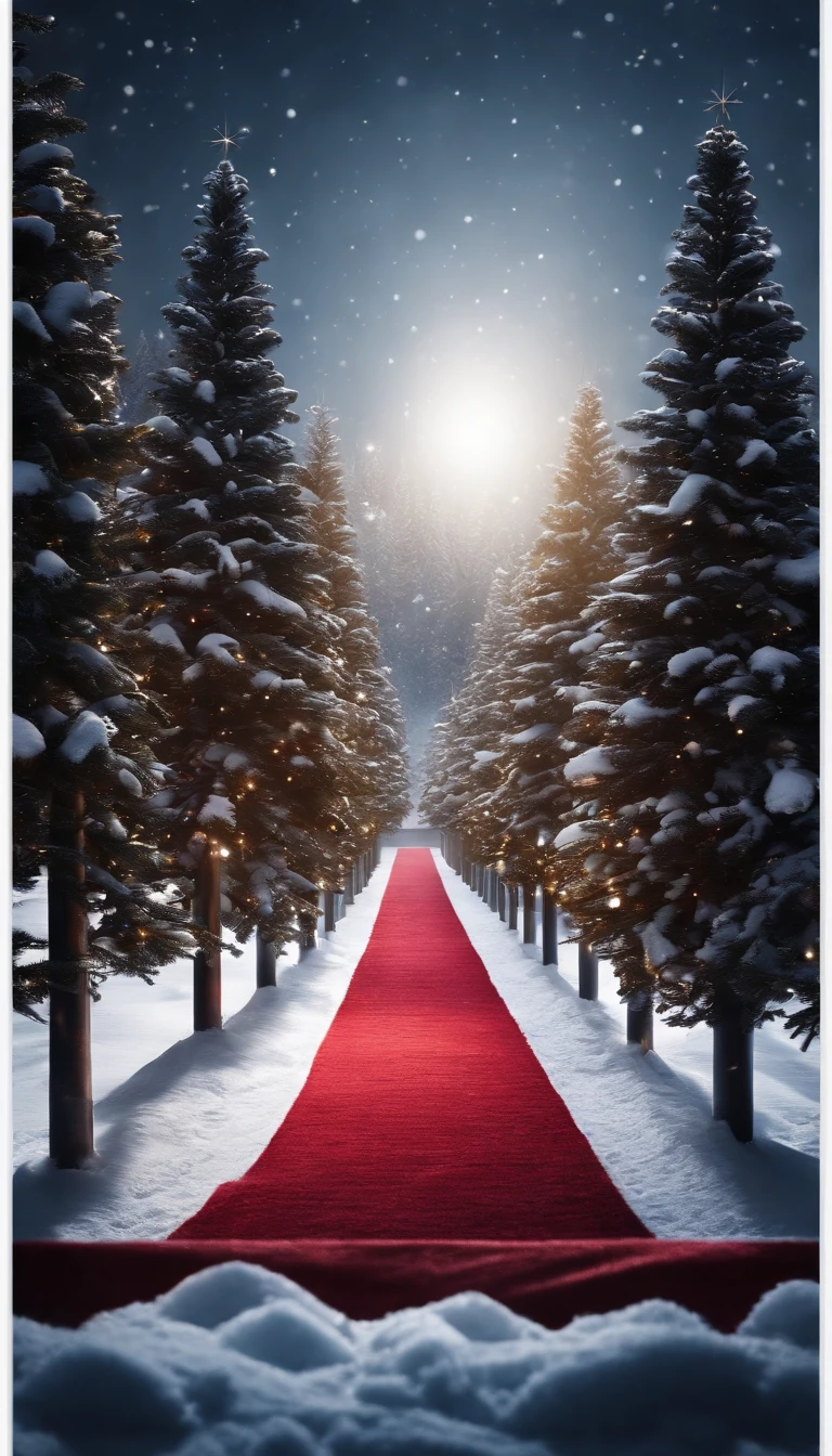 You are inside a pitch black cubic studio.。red carpet is laid out、Shining Christmas tree in the center、There is a large display next to it showing images of snow.、white and fantastic space、illuminations、High quality down to the details、