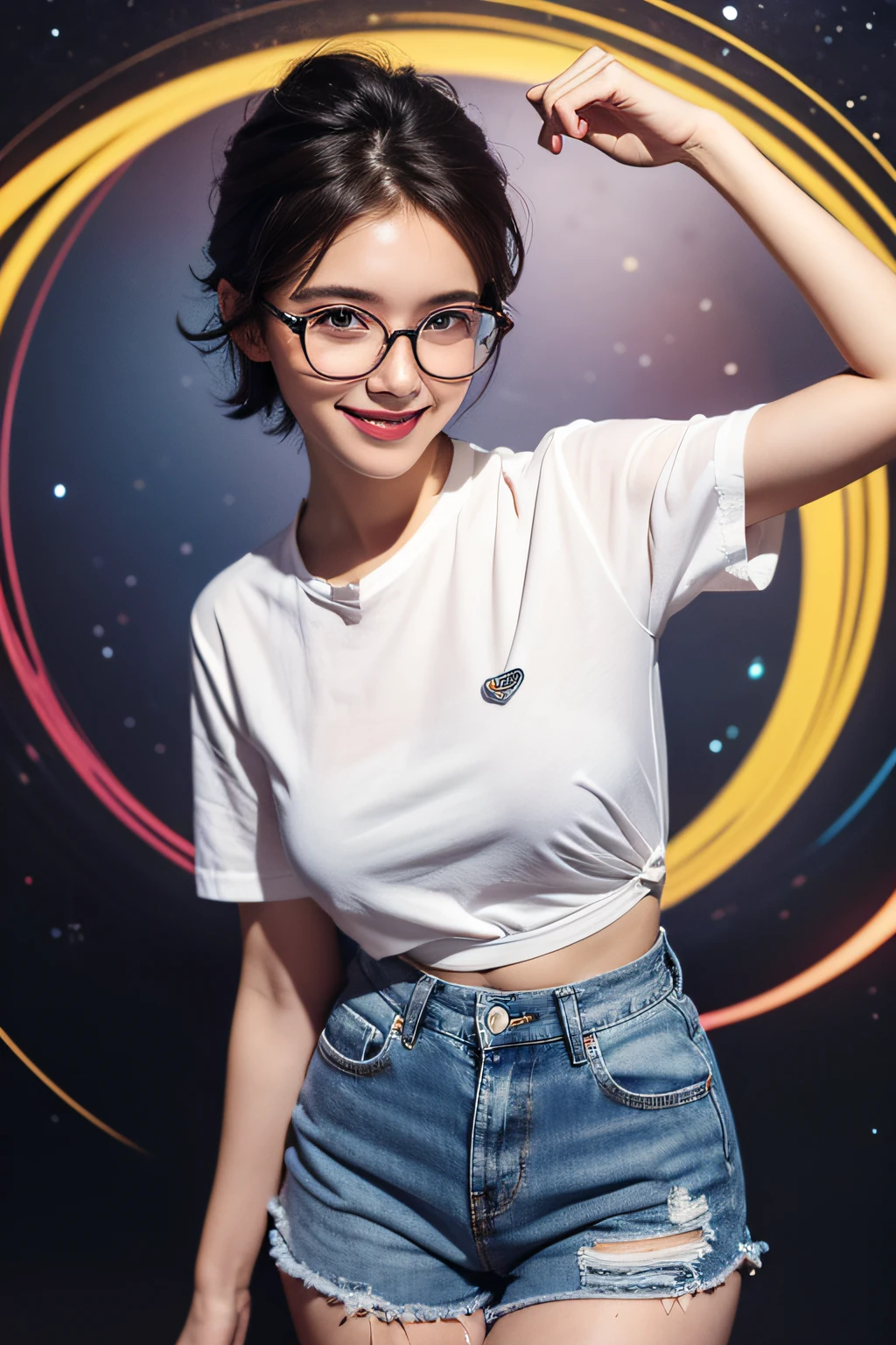 1girl in, Rounded glasses, Big glasses, Smiling, Looking at the camera, Short messy hair, Dark-skinned, rounded eyes, white shirt, Denim shorts, close up, Magazine shots, Dynamic Pose, Outer space background、