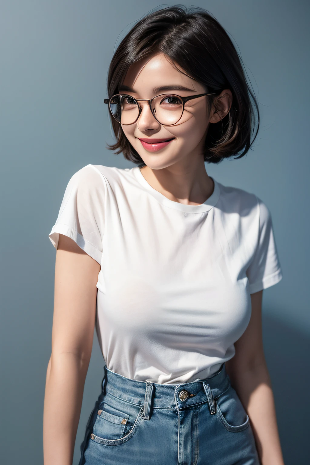 1girl in, Rounded glasses, Big glasses, Smiling, Looking at the camera, Short messy hair, Dark-skinned, rounded eyes, white shirt, Denim shorts, close up, Magazine shots, Dynamic Pose, Outer space background、