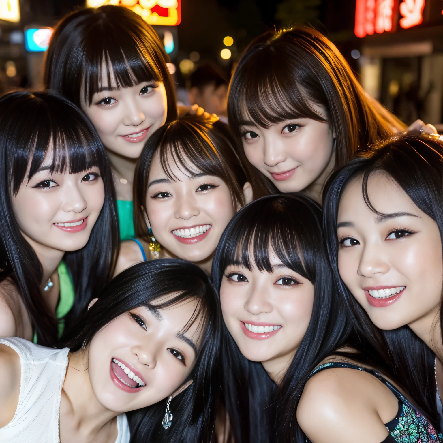 Best-quality, Masterpiece, Ultra-High-Resolution, (Photorealistic:1.4), Raw-Photo, Extremely-Details, Perfect-Anatomy,
at midnight, on street in Shibuya, Tokyo,
3girls, group-shot,
all members of the most famous Japanese idol group,
(((all tripping on drugs, all getting geeked up with drugs, all going crazy from drugs))), all innocent smile,
all detailed extremely cute drunk faces, all detailed extremely big black solid circle eyes, all detailed colorful extremely beautiful hair, all detailed extremely beautiful breasts