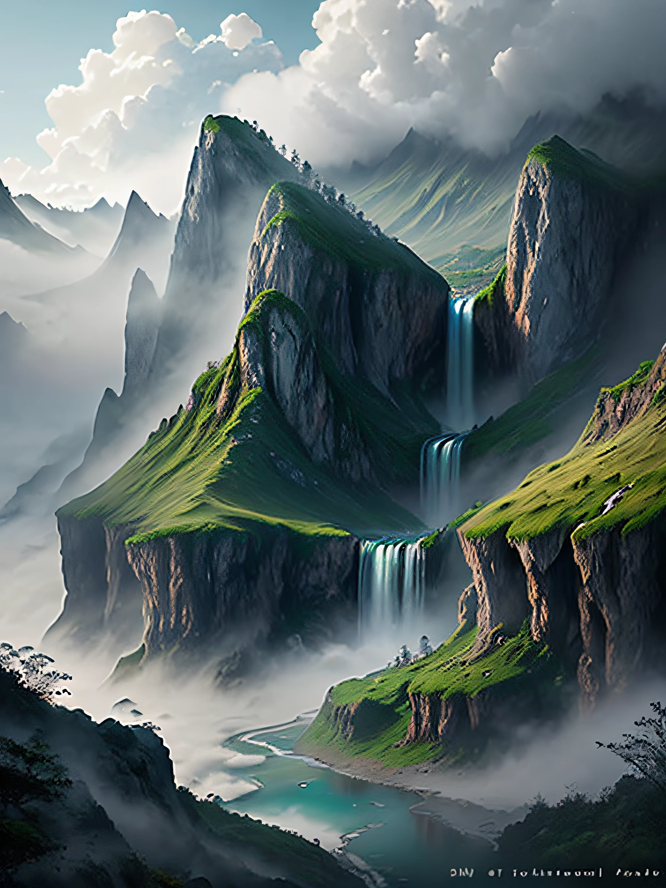 Beautiful scenes,depth of fields,8K,A waterfall cascades down from the top of the mountain,rapidly,Rapidly,water fog,fog atmosphere,There are peaks on both sides,The background plus Zhang Xu’s wild grass,In addition, add the text on the cover "Wild Gains Great Colors"