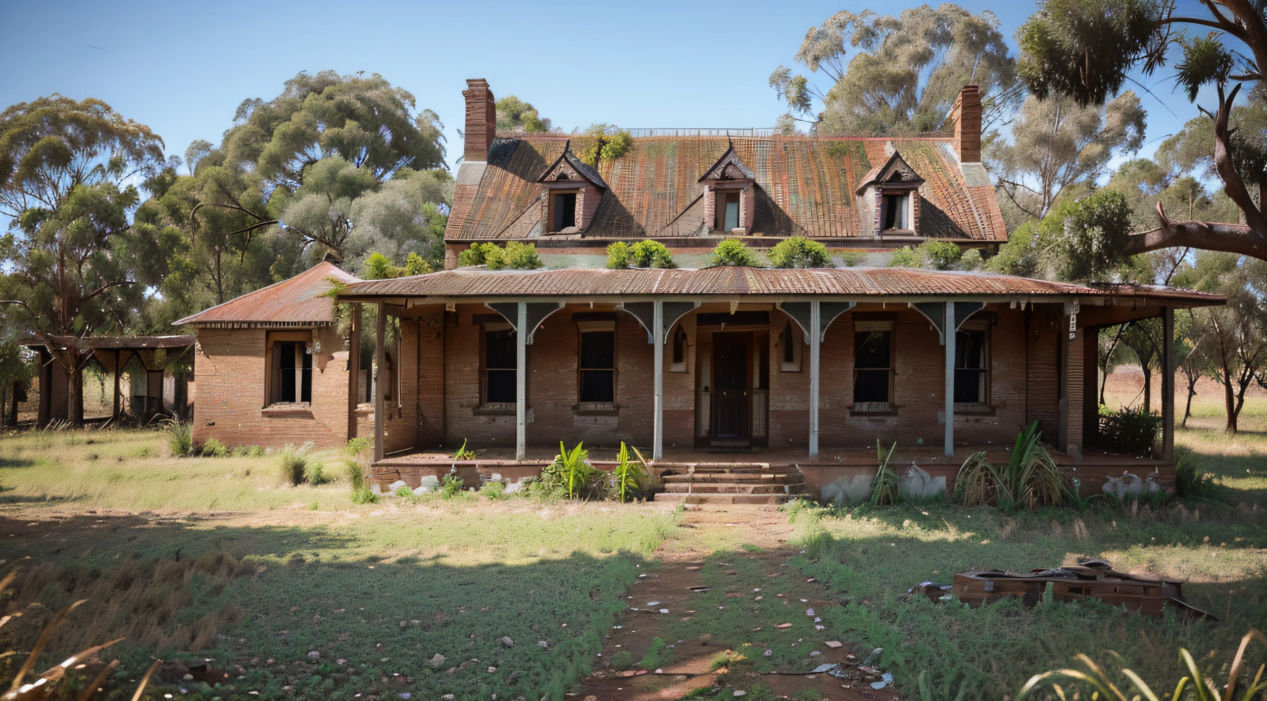 (old derelict house in australian outback,vine-covered,overgrown with long grass and trees,brick homestead with deteriorating condition,station building with verandahs,photographic:1.2),ultra-detailed,abandoned