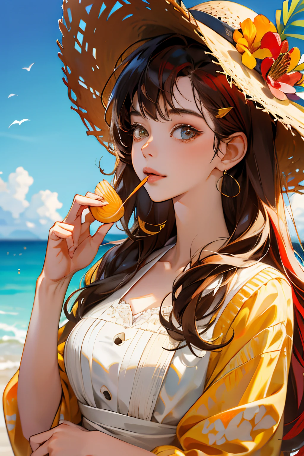 1girl, Ice cream in a cup, holding ice cream in her hand, with excellent detail handling,Handle hand details in place,Beautiful Ice cream, swimsuit, , (see through),c, (tulle dress),see-through swimsuit, tulle skirt, Hawaiian, sandbeach, spindrift, seabird,Gradient Dress,(beach lounger),(beach umbrella),moyou,1girl,realistic,smile,