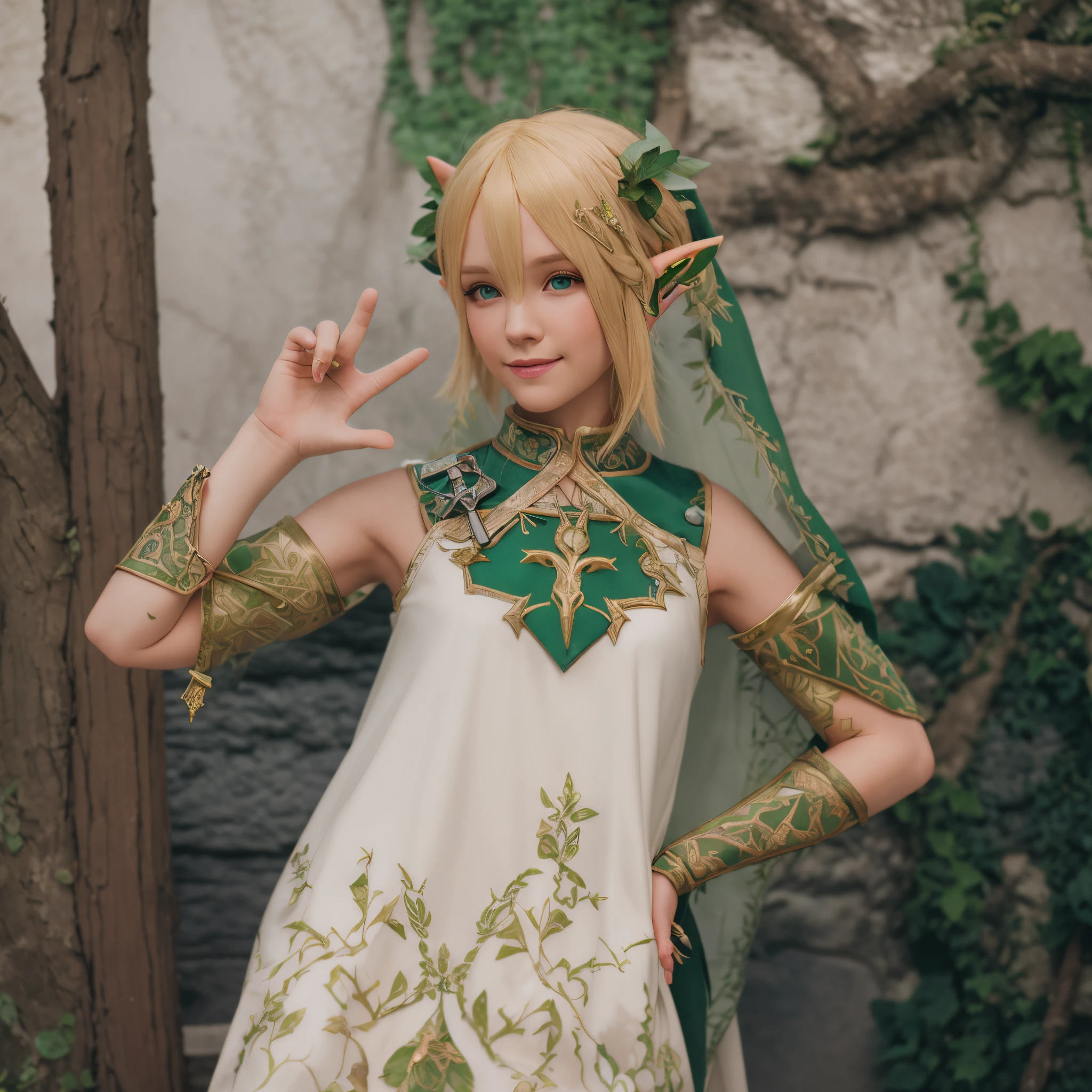 HD, (Best Detail), (Best Quality), Zelda, Relic, Joy, Masterpiece, Best Quality, High Resolution, Relic, Forest, Elf Ears, ((Blonde Hair)),arafed woman in a white dress with green and gold accents,