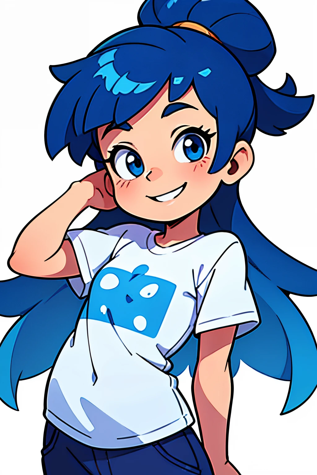 asethetic, masterpiece, white background, plain background, best quality, drawing of a of a chest up of a little girl ??? with blue hair smiling