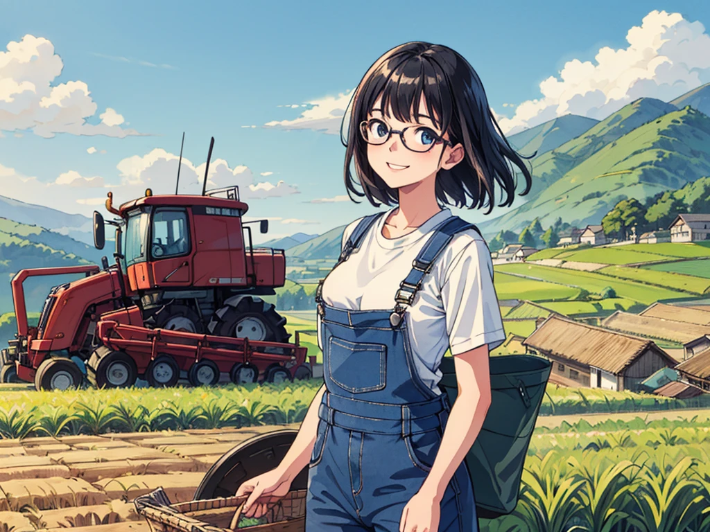 (1girl, solo, Best Quality, Masterpiece), 18 years old, farmer girl, glasses, fulll body, smiling softly, medium breasts, overalls work clothes, agricultural machinery, rice harvesting, japanese rural village, natural sunlight, bright white and dark parts, blue sky background, very wide shot