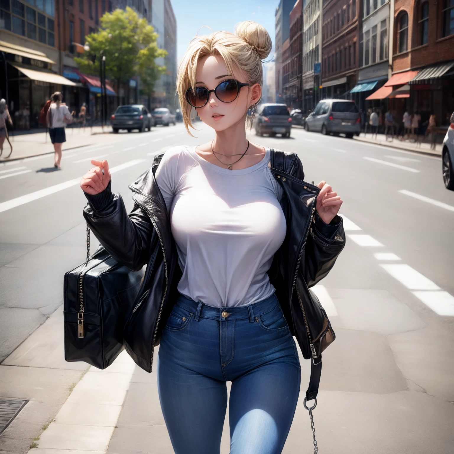 (tmasterpiece:1.2, Best quality at best), 1 woman, Alone, The upper part of the body, large tities, A chic and edgy leather jacket paired with a classic white T-shirt and distressed jeans, minimal makeup and a messy bun,Confident and relaxed (music festival or trendy city center neighborhood) Statement sunglasses and chunky jewelry, Comes with crossbody bag,Easy to carry