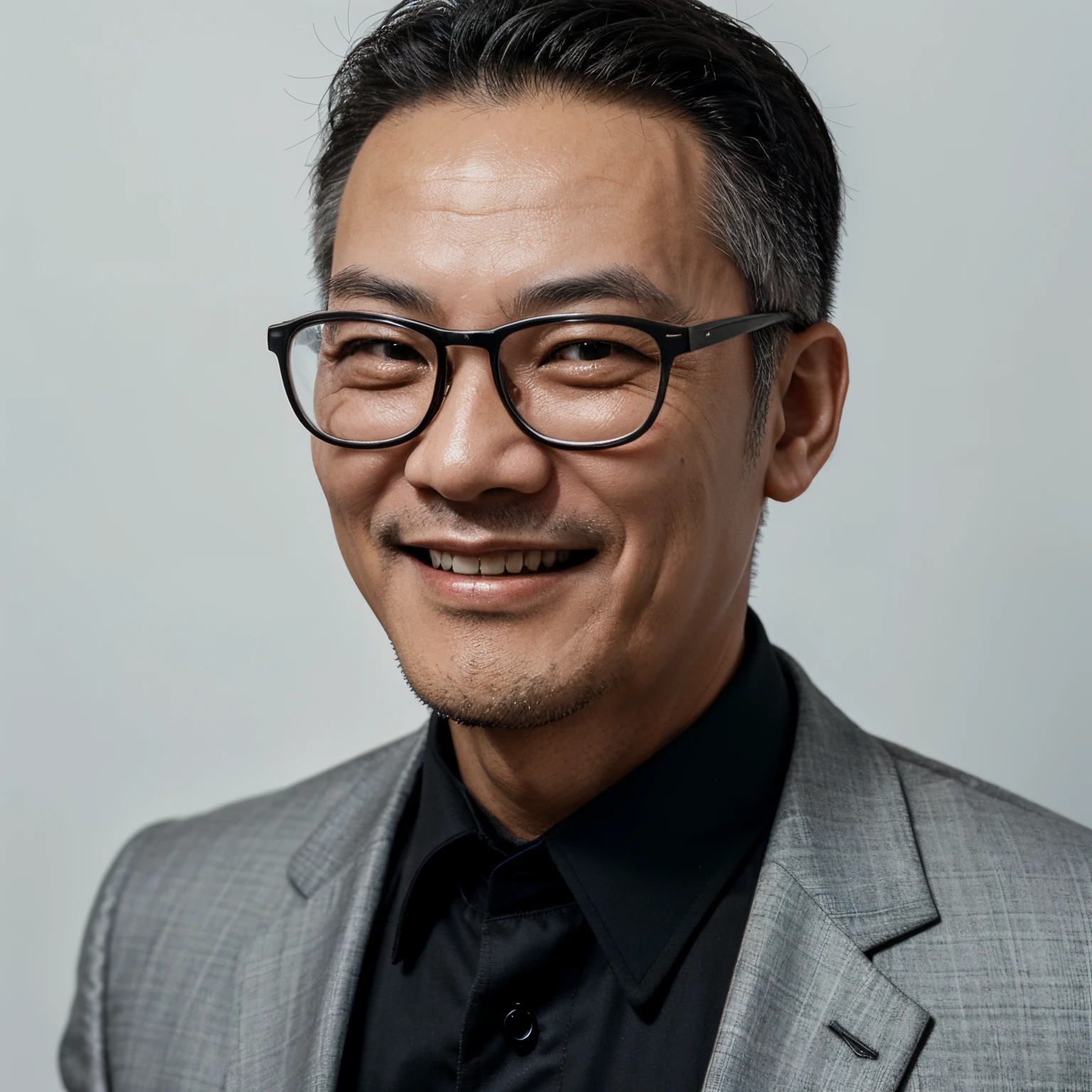 Close-up of a smiling middle-aged Chinese man wearing a black suit，Wear glasses on a white background，face towards camera