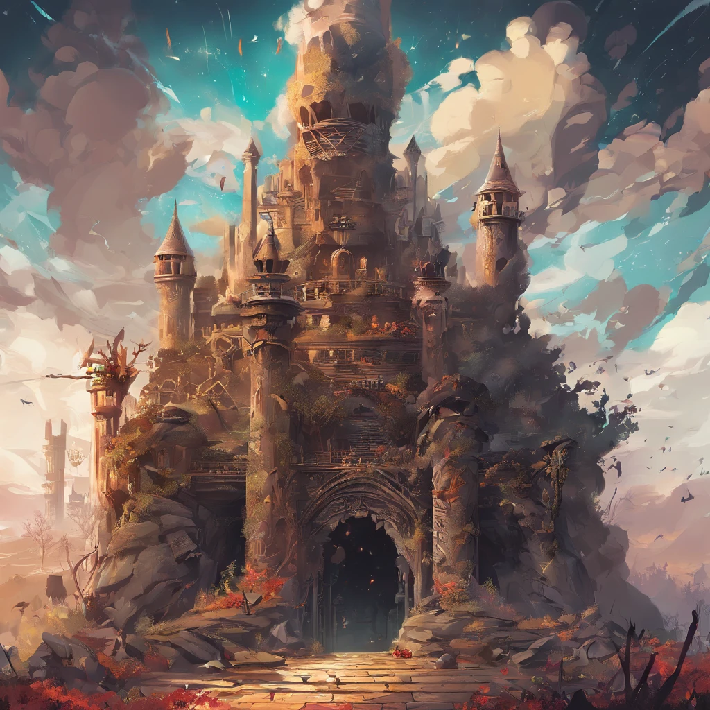 (Ruins)、Magical ruins with extremely sharp and rich details、「search and search」Create a style illustration. Make sure your scene is filled with intricate details, Vibrant colors, Realistic texture. Contains 20 different mystical creatures, [number] magic object, 50 surprising elements that stand out. for a fascinating experience、Emphasizes high levels of detail and visual richness.