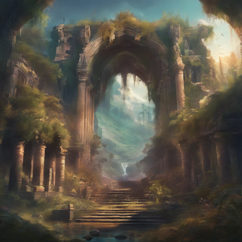 (Ruins)、Magical ruins with extremely sharp and rich details、「search and search」Create a style illustration. Make sure your scene is filled with intricate details, Vibrant colors, Realistic texture. Contains 20 different mystical creatures, [number] magic object, 50 surprising elements that stand out. for a fascinating experience、Emphasizes high levels of detail and visual richness.