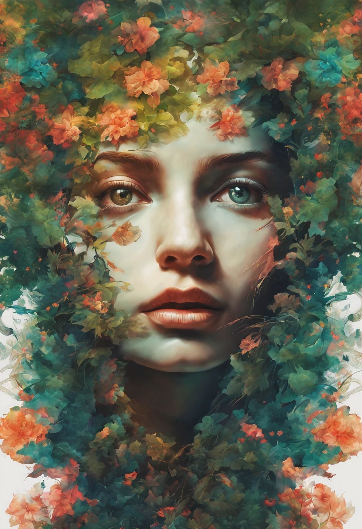 （tmasterpiece，top Quority，best qualtiy，offcial art），（1girl），Extremely detailed，（s fractal art），extremely colorful，Most detailed，intricately details, （Character forest double exposure），Man and nature merge，mental fantasy，ln the forest，foliage，vine，blossoms，Surreal art,Artistically, concept-art, dramatic lights, Doubleexposure，offcial art，8k 壁纸，dynamic angle，official aesthetics