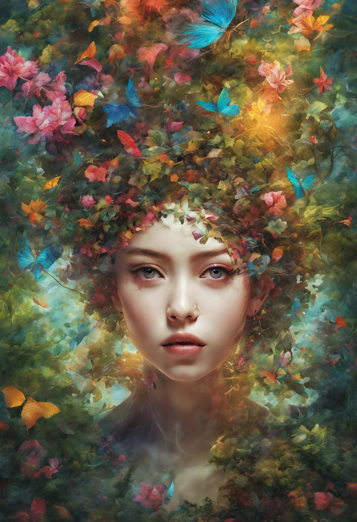 A painting of a woman with flowers and butterflies in her hair - SeaArt AI
