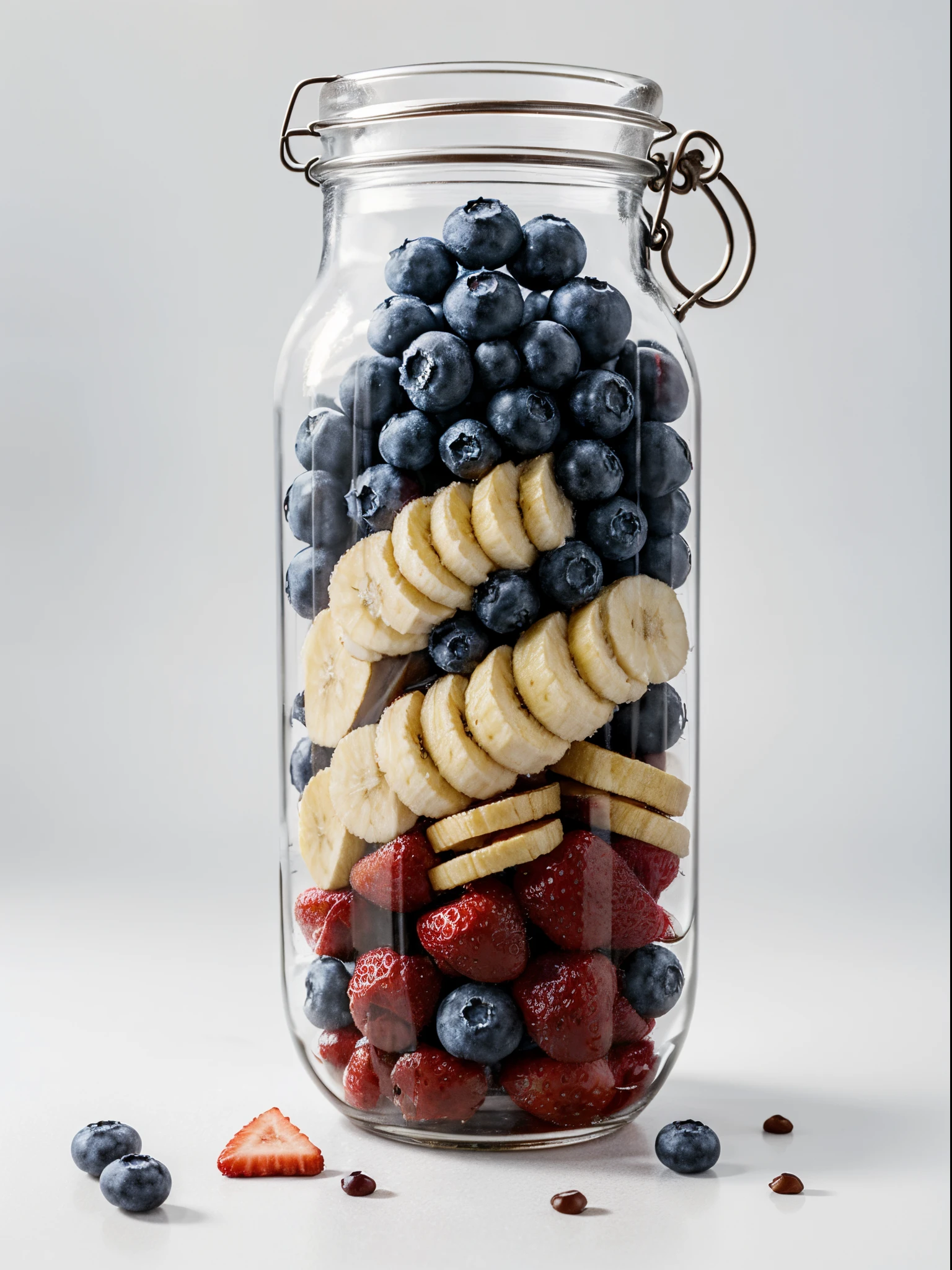(Best quality,8K,Masterpiece:1.3),NOhumans,Clear glass,There are a lot of strawberries in it、Blueberries and Banana Chips, blend,, detalhe poderoso, intense detail, on the white background, Clear detail, professional,