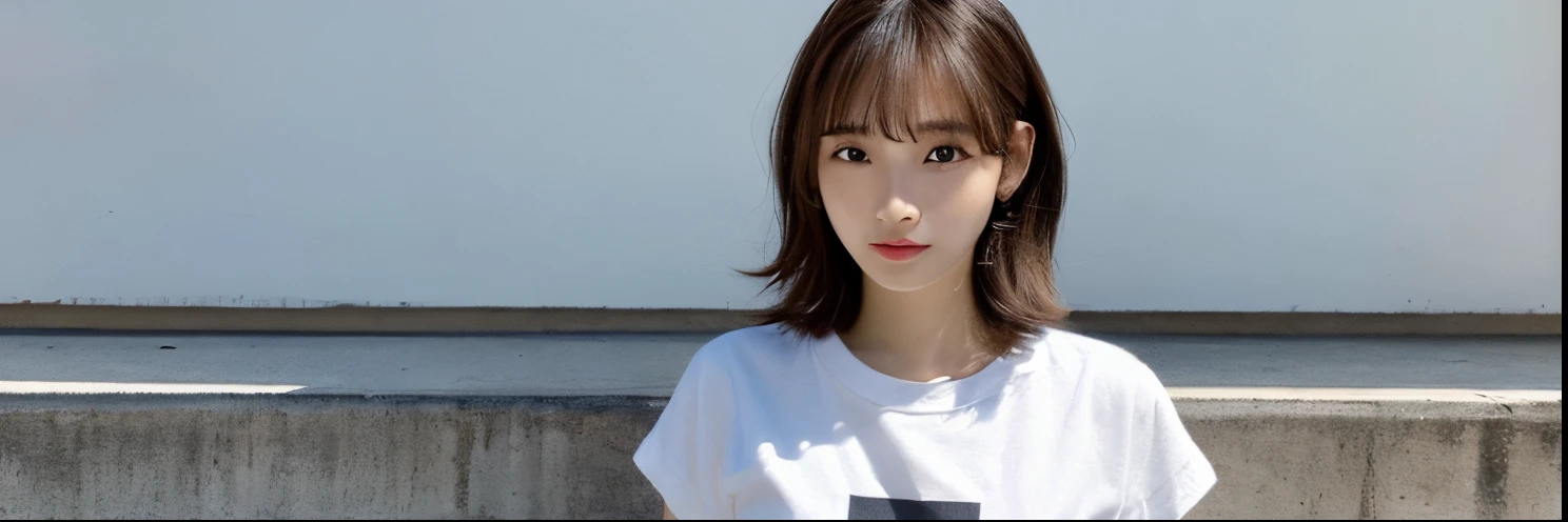 (top-quality、16K resolution)女の子1人、独奏、natural soft light、small tits、A Japanese Lady、Looking at the camera、white t-shirts、Concrete background、Facing the front、is standing、bobhair、Woman in her late teens、Light bangs、short-hair、Salon model、Natural look、portlate、floated hair、Rolled hair