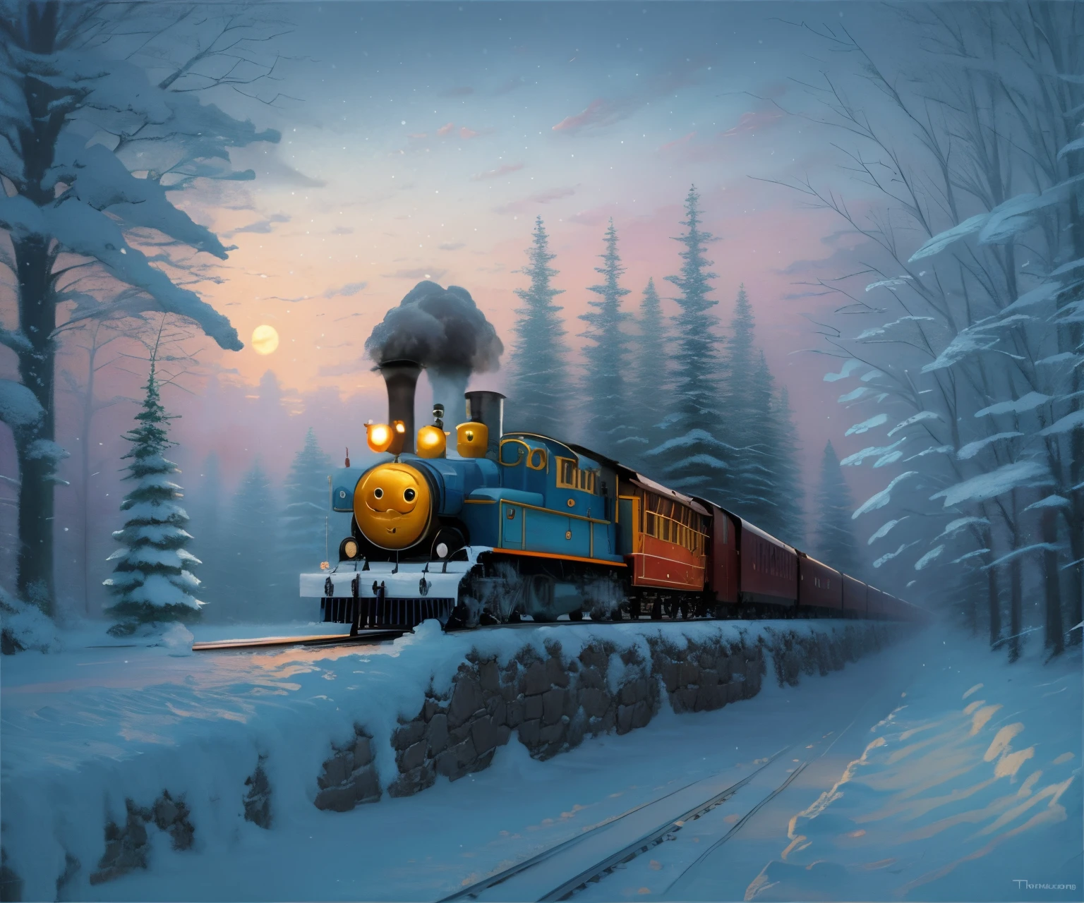 train picture, driving through a snowy forest on a full moon, train, Polar Express, ( ( Thomas Kinkade ) ), style of: Thomas Kinkade, Thomas Kincaid style, Kincaid, steam locomotive, Thomas Kincaid CFG _ Scale 9, based on Thomas Kincaid, (((Thomas Kinkade))), profile pic, choo choo, train, hiquality, recreate HD quality, New Year, holiday, beautiful locomotive
