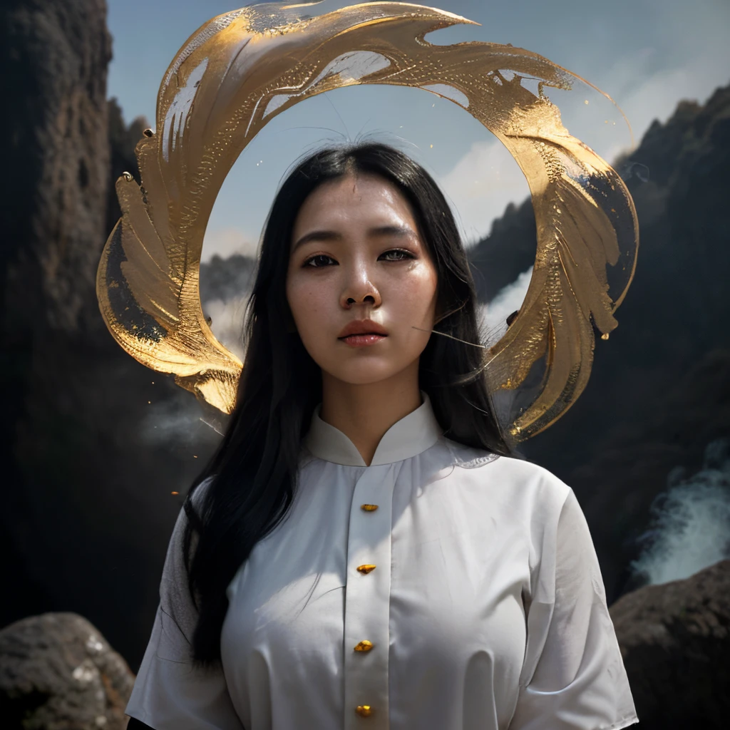 White,grey,black,photorealisic image, long black hair, burmese beautiful woman, wearing a white shirt and black Longyi, meditates on a huge rock.One human-like face is in the middle. The second face was that of bright, golden-white mythology angel, beautiful ankindnd. The third face was a firece black-aed giant ghost.His body had an aura of white and golden light energy swirling around him.The background is equally divided between white and black.Smoke billows around.