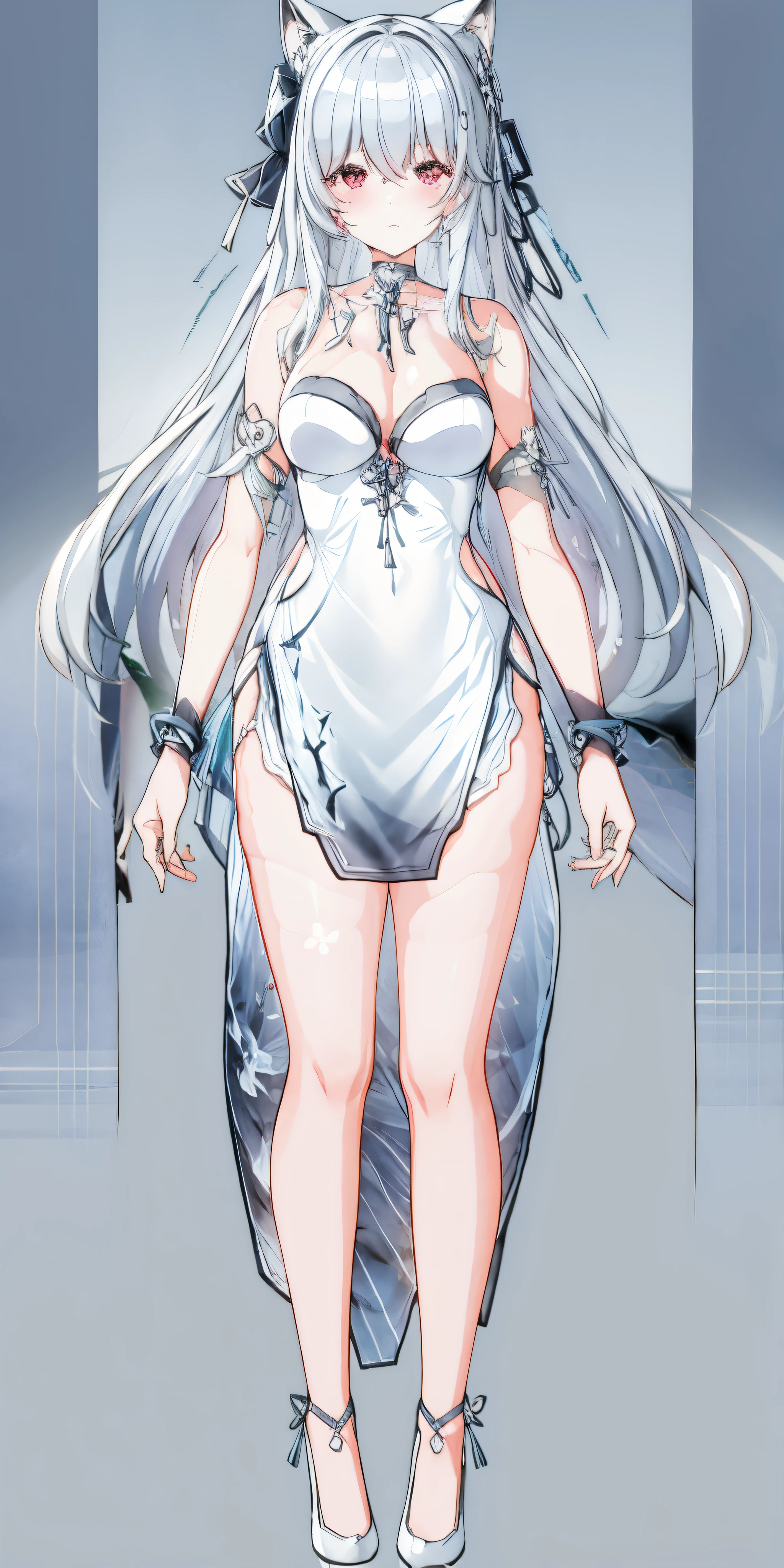 One in a white dress、Anime character of woman with cat ears, Cute anime waifu wearing nice clothes, White dress!! silber hair, azur lane style, Translucent liquid comes from《Azure route》videogame,  in dress, 《Azure route》人物, from girls, clear outfit design, Anime full body illustration, white-haired god, Official character art