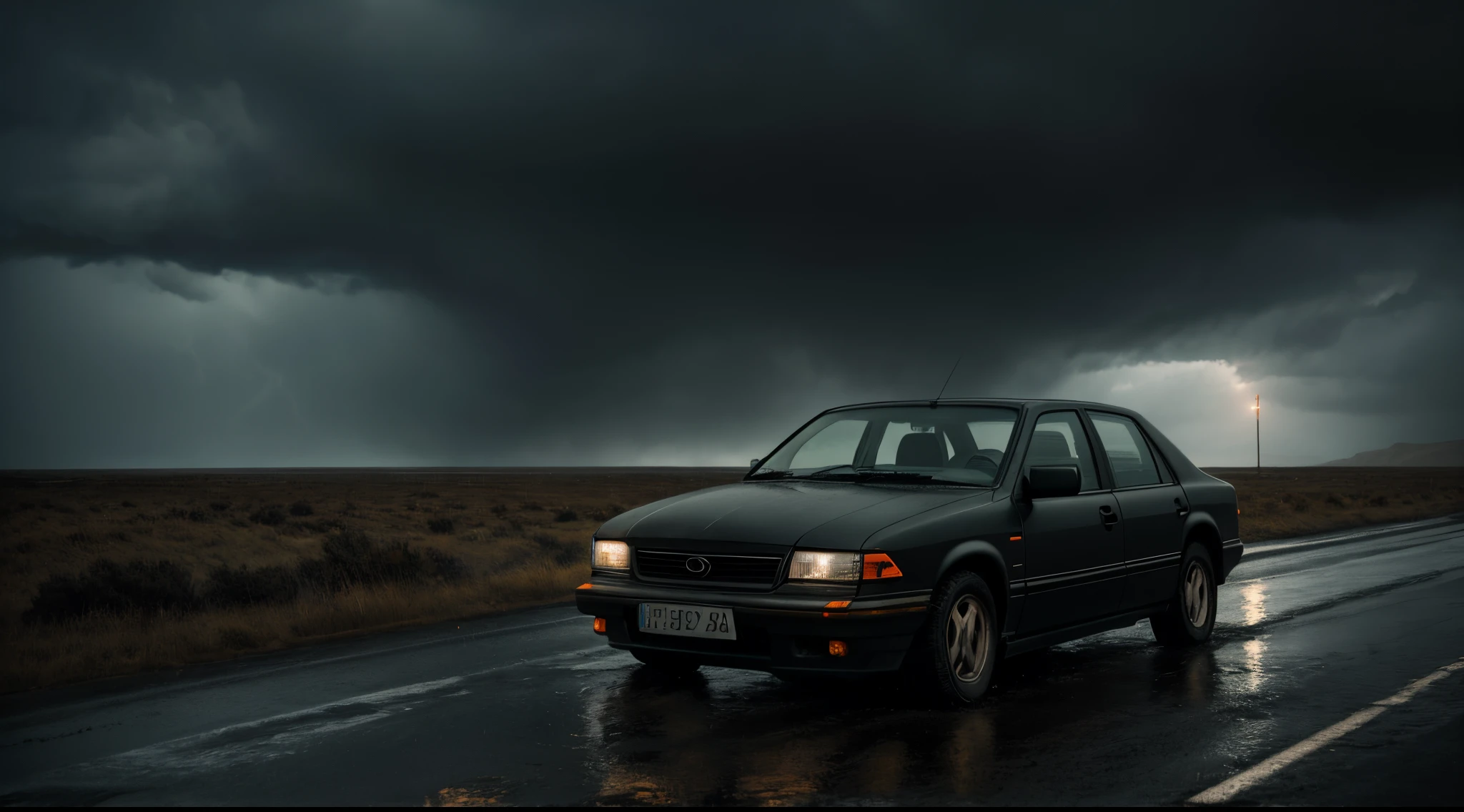 Prompt: Create an image capturing the desolation of a dark and stormy night, featuring a stranded car on a desolate road with eerie atmospheric elements such as rain, wind, and distant screams.