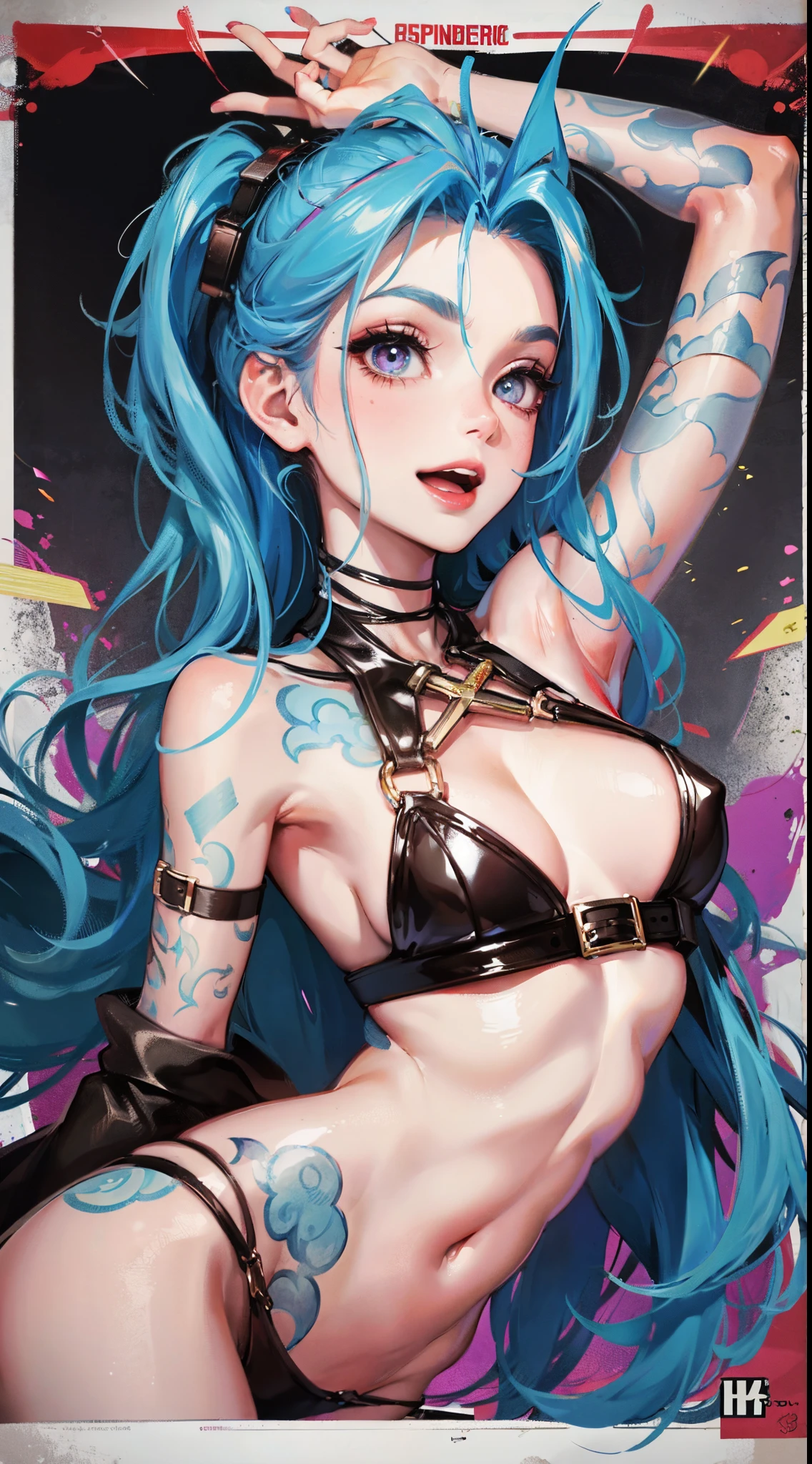 Jinx,Fleshy thighs,Poster publicity style,Pose,Simetall,C cup,Happy expression