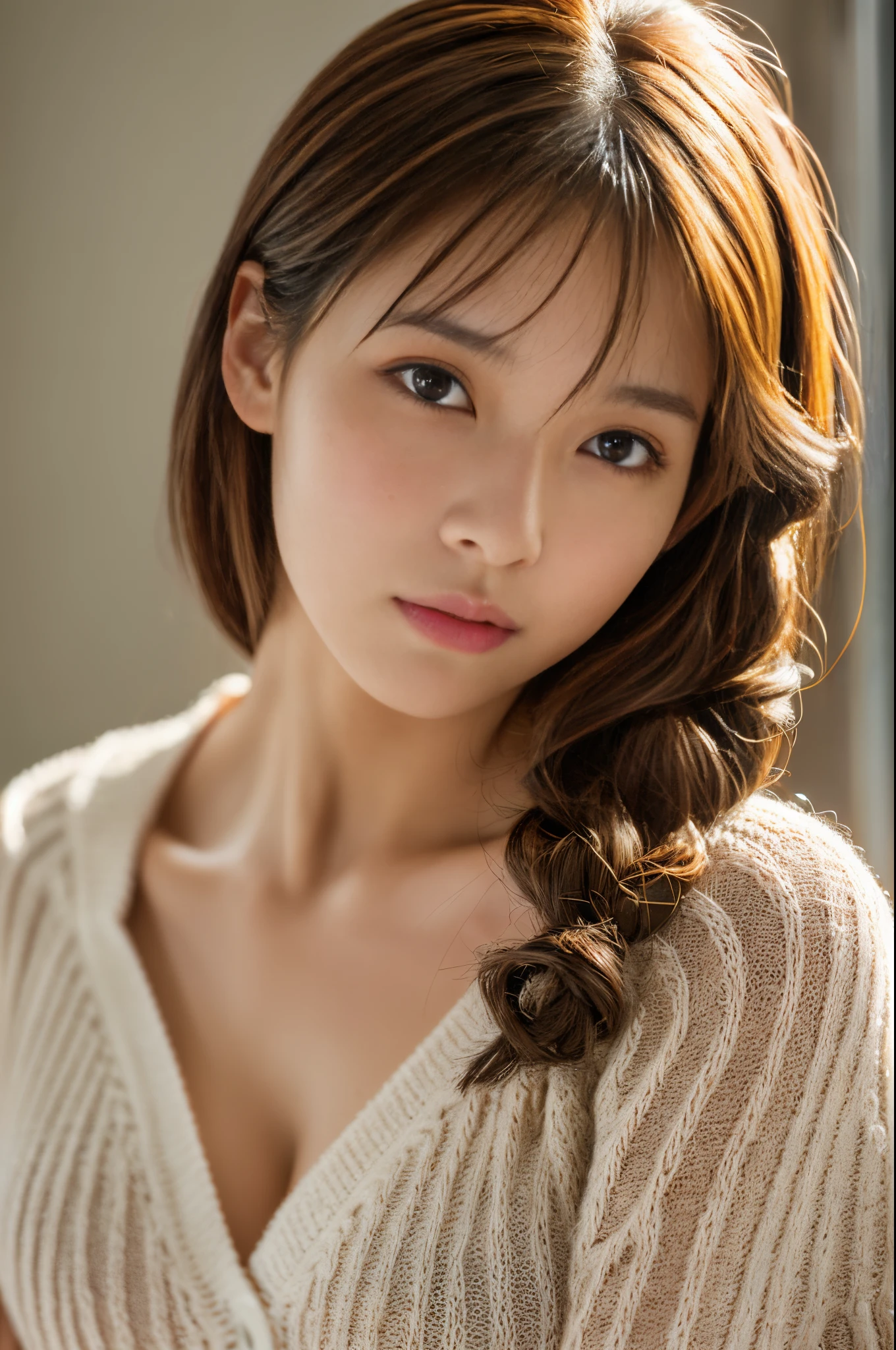 masutepiece, Best Quality, Illustration, Ultra-detailed, finely detail, hight resolution, 8K Wallpaper, Perfect dynamic composition,(8K, Photorealsitic, Raw photography, Top image quality: 1.4), Japan high school girls、(Random hairstyles:1.2)、cleavage of the breast:1.2、Super Detail Face、Eye of Detail、二重まぶた、foco nítido:1.2、prety woman:1.4、light brown hair、top-quality、masterpiece、超A high resolution、(Photorealsitic:1.4)、very detailed and professional lighting、Loose long knitwear、slender、serious facial expression、short-haired、cowboy shot