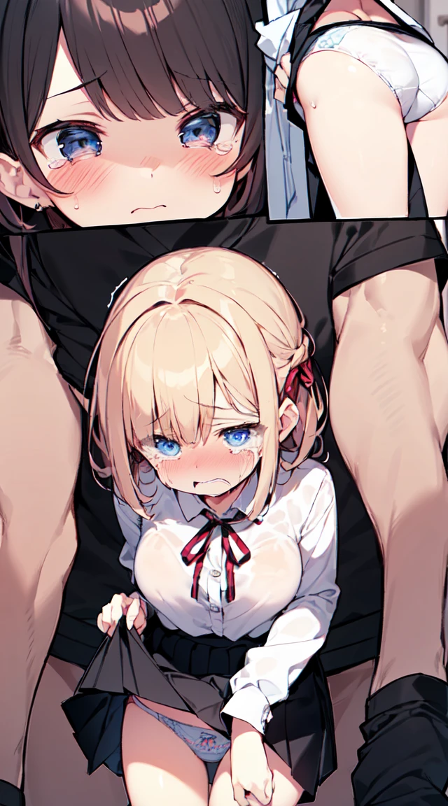 masutepiece, Best Quality,Illustration, Wallpaper, ultra -detail, Lori、(((molesting)))、Detailed eyes, Complex hairstyle、Sareme、((fear:1.5))、(Teary-eyed:1.5)、(((Cute underwear)))、(blouse、skirt by the)、ample breasts、((Morester))、((Girl being taken off her skirt by a man))
