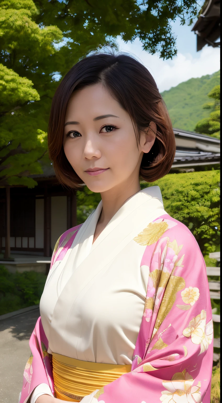masutepiece, Best Quality, hight resolution, photoreaslistic, Detailed face,Front view,Beautiful middle aged woman, Upper body,Long,Golden kanzashi hair, Beautie, shrines, shining background,kimono,Inspired by Masami Nakazawa、Inspired by Haruka Ayase