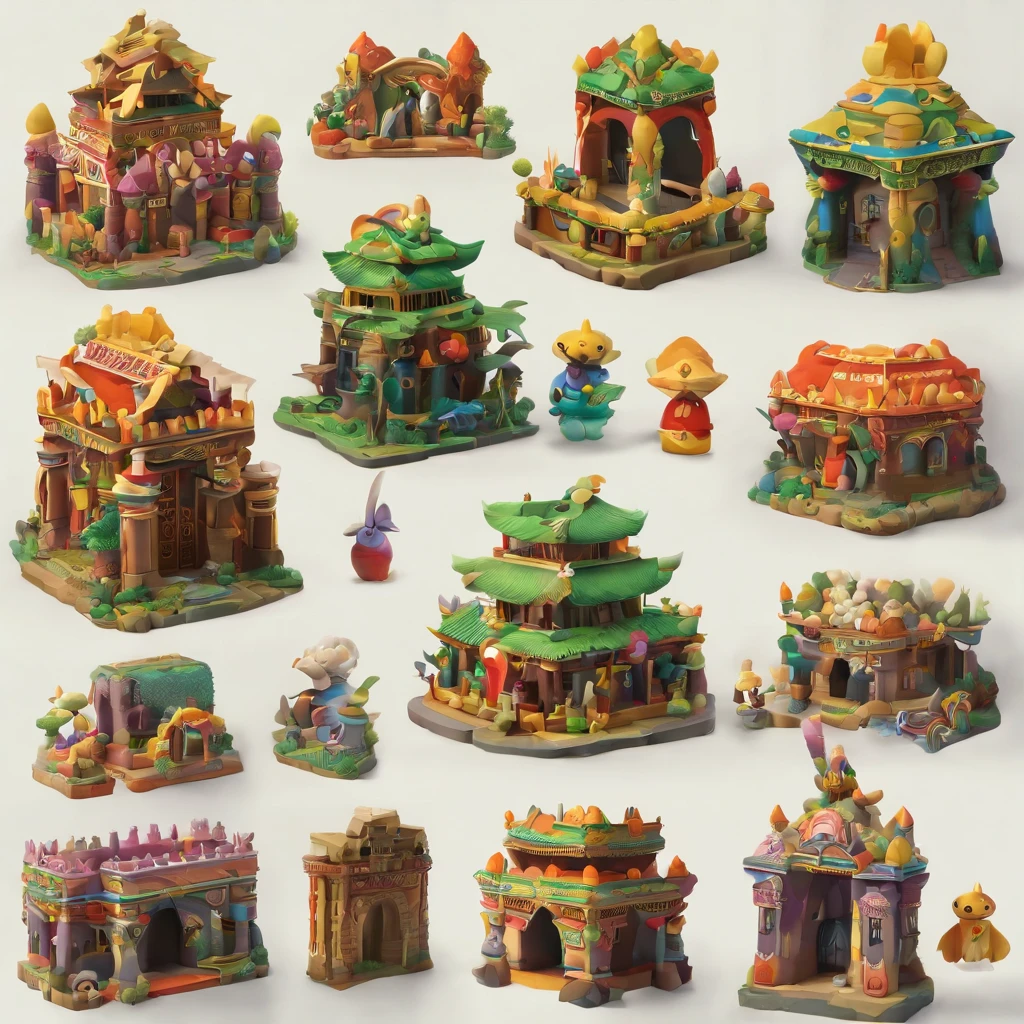 (Ruins)、Magical ruins with extremely sharp and rich details、「search and search」Create a style illustration. Make sure your scene is filled with intricate details, Vibrant colors, Realistic texture. Contains 20 different mystical creatures, [number] magic object, 50 surprising elements that stand out. for a fascinating experience、Emphasizes high levels of detail and visual richness.