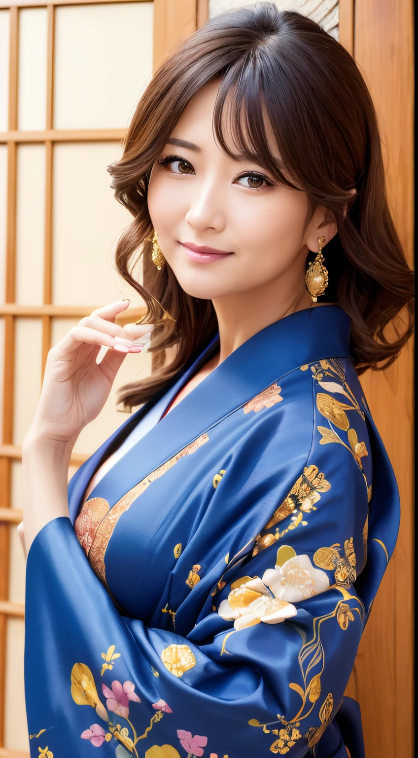 masutepiece, Best Quality, hight resolution, photoreaslistic, Detailed face,Front view,Beautiful middle aged woman, Upper body,Long,Golden kanzashi hair, Beautie, shrines, shining background,Gorgeous kimono,Inspired by Masami Nakazawa、Inspired by Haruka Ayase