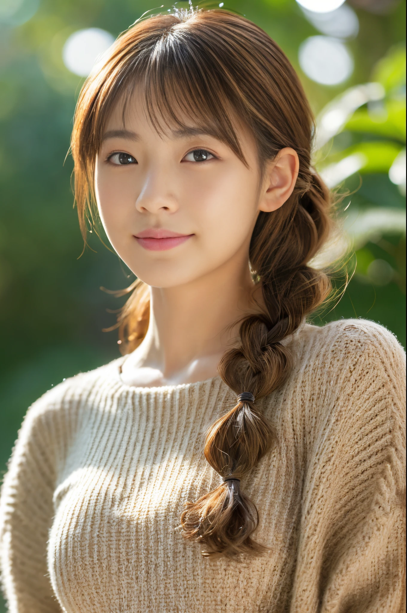 masutepiece, Best Quality, Illustration, Ultra-detailed, finely detail, hight resolution, 8K Wallpaper, Perfect dynamic composition,(8K, Photorealsitic, Raw photography, Top image quality: 1.4), 21-year-old Japan woman、(Random hairstyles:1.2)、small tits:1.2、Super Detail Face、Eye of Detail、二重まぶた、foco nítido:1.2、prety woman:1.4、light brown hair、top-quality、masterpiece、超A high resolution、(Photorealsitic:1.4)、very detailed and professional lighting、Loose long knitwear、slender、smil、Short ponytail with bangs、Light brown hair