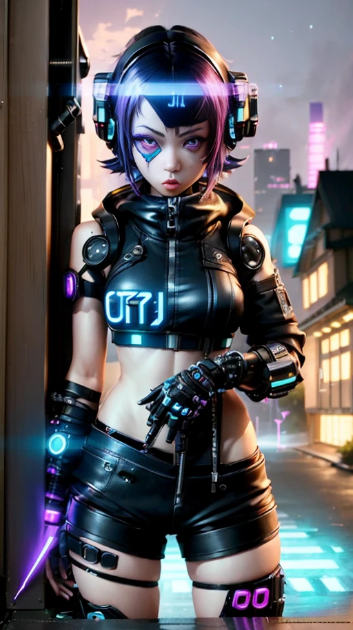 detaileds、(((1 girl in、XLCB、Cosplay、lucy(cyberpunked)、short-hair、bangss、medium breasts、multi leg leotard、cyborgs、cropped jackets、Open jacket、shortpants、thigh highs、Near and far law、blurry backround、depth of fields、foco nítido、focus at face、full bodyesbian、outside of house、cyberpunked、natta、Look at viewers))) (ulzzang-6500-v1.1:0.3)