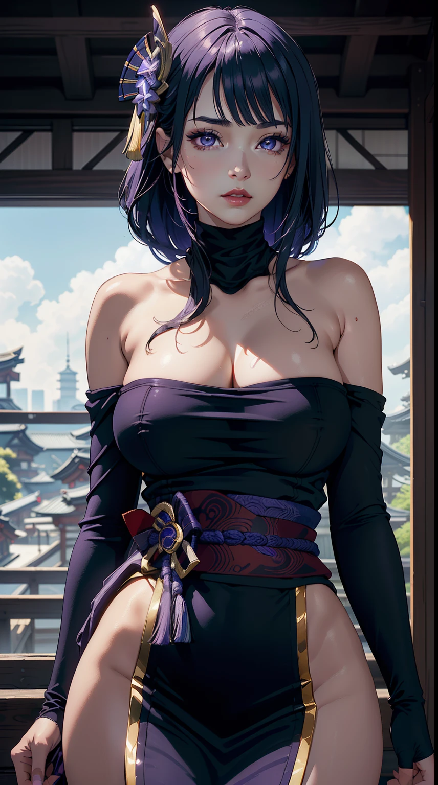 ((masterpiece)),(bestquality),((ultra-detailed)), ((beautiful detailed sky)), ((cinematic lighting)), depth of field, (dynamic angle),detailed lighting,((beautiful detailed eyes)), red lip, eyeshadow,large breast, cleavage, ((wearing turtleneck dress, off shoulders, bare hips)), ((raidenshogundef))