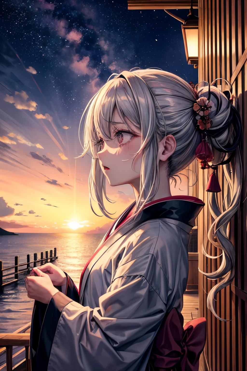 Despair、The body is trembling、Eyes of despair、Severely torn kimono、wildly disheveled hair、I'm tired、Face frightened by fear、the beautiful night sky