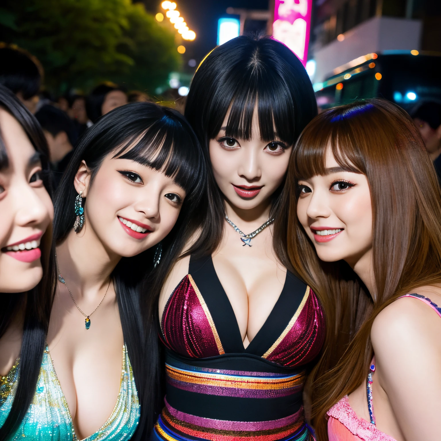 Best-quality, Masterpiece, Ultra-High-Resolution, (Photorealistic:1.4), Raw-Photo, Extremely-Details, Perfect-Anatomy,
at midnight, on street in Shibuya, Tokyo,
3girls, group-shot,
all members of the most famous Japanese idol group,
all tripping on drugs, all grinning,
all detailed extremely cute tripping faces on drugs, all detailed extremely beautiful big black solid circle tripping eyes on drugs, all detailed colorful extremely beautiful hair, all detailed extremely beautiful breasts, all detailed extremely beautiful cleavage