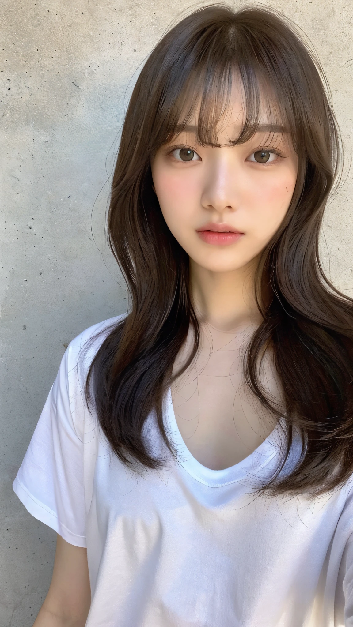(top-quality、16K resolution)女の子1人、独奏、natural soft light、small tits、A Japanese Lady、Looking at the camera、white t-shirts、Concrete background、Facing the front、is standing、bobhair、Woman in her late teens、Light bangs、short-hair、Salon model、Natural look、portlate、floated hair、Rolled hair