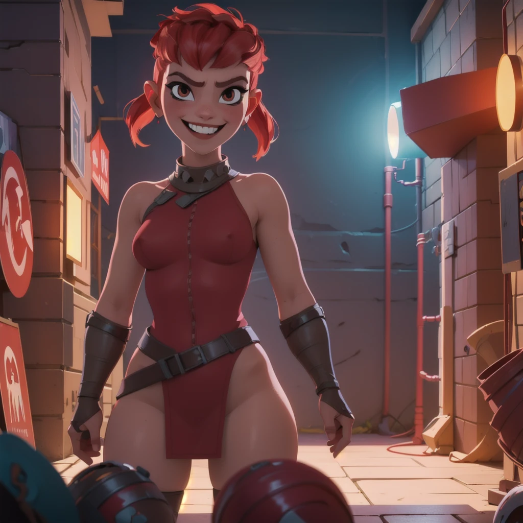 NSFW, nude, (8k, best lighting, masterpiece, best quality, best luminosity, best shadow, particles, bloom, extra lights, cinematic lights), nimona, (1girl, solo), nude, slender figure, small breasts, bare breasts, brown nipples, showing vulva, red pubic hair, sexy, standing, devilish smile, unclothed, totally naked, (looking at viewer, red hair, sharp) in a sleazy futuristic but medieval back alley