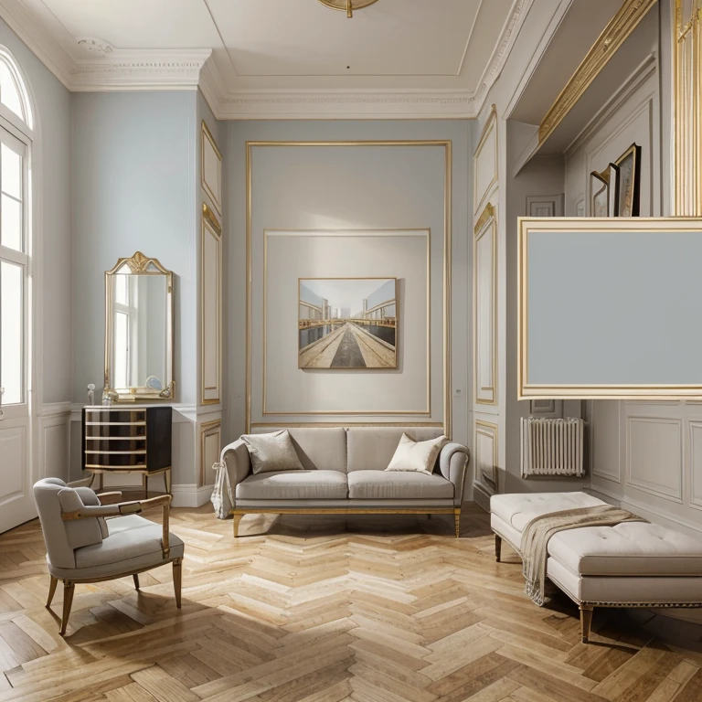Create a bedroom collage. The collage must contain pieces of furniture, textile, sample of materials used for flooring, walls,mood board for interior design, neoclassical style, with contemporary elements and art deco accents, 4D, Realistic, Detailed. Primary colors:beige, gris, dusty blue, A white, a gold, brown. Furniture elements should be sophisticated and modern.