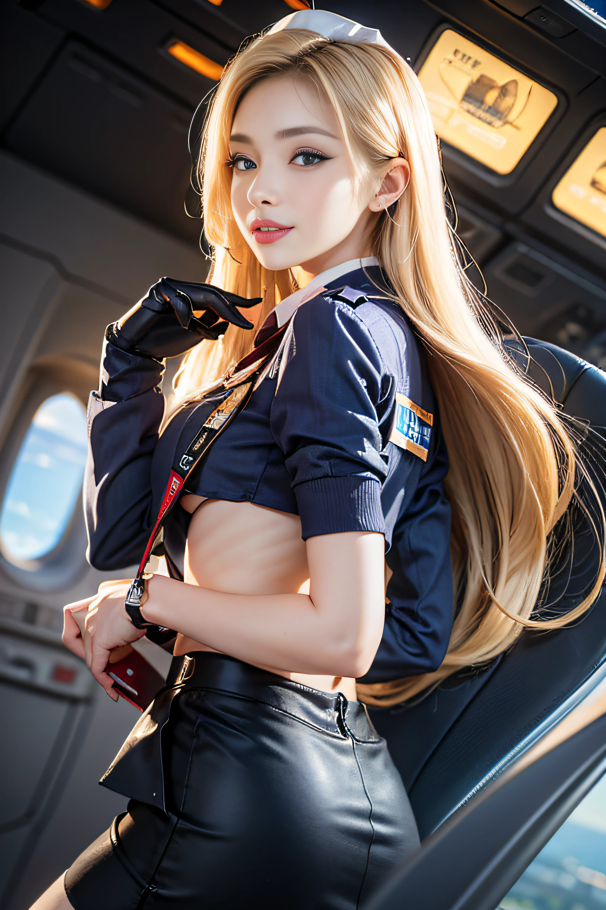 1girl in, Blonde hair, Bangs, Long hair, Straight hair, PUPILS SPARKLING, longeyelashes, makeup, Bright pupils,(blue eyess) lightsmile, depth of fields, One-person viewpoint, From below, wide angles, F/1.8, 135 mm, canon, nffsw, retinas, masutepiece, ccurate, Anatomically correct, Textured skin, Super Detail, high details, High quality, hight resolution, 1080p, hard disk, 4K, 8K(woman standing in the cockpit of an airplane)、((Beautiful flight attendants)),Super beautiful,perfect bodies,(Beautiful with great care),((Flight attendant uniform tight skirt)),gently smiling,(Stockings,high-heels),fully body photo,((posterior view)),((Looks Back))、