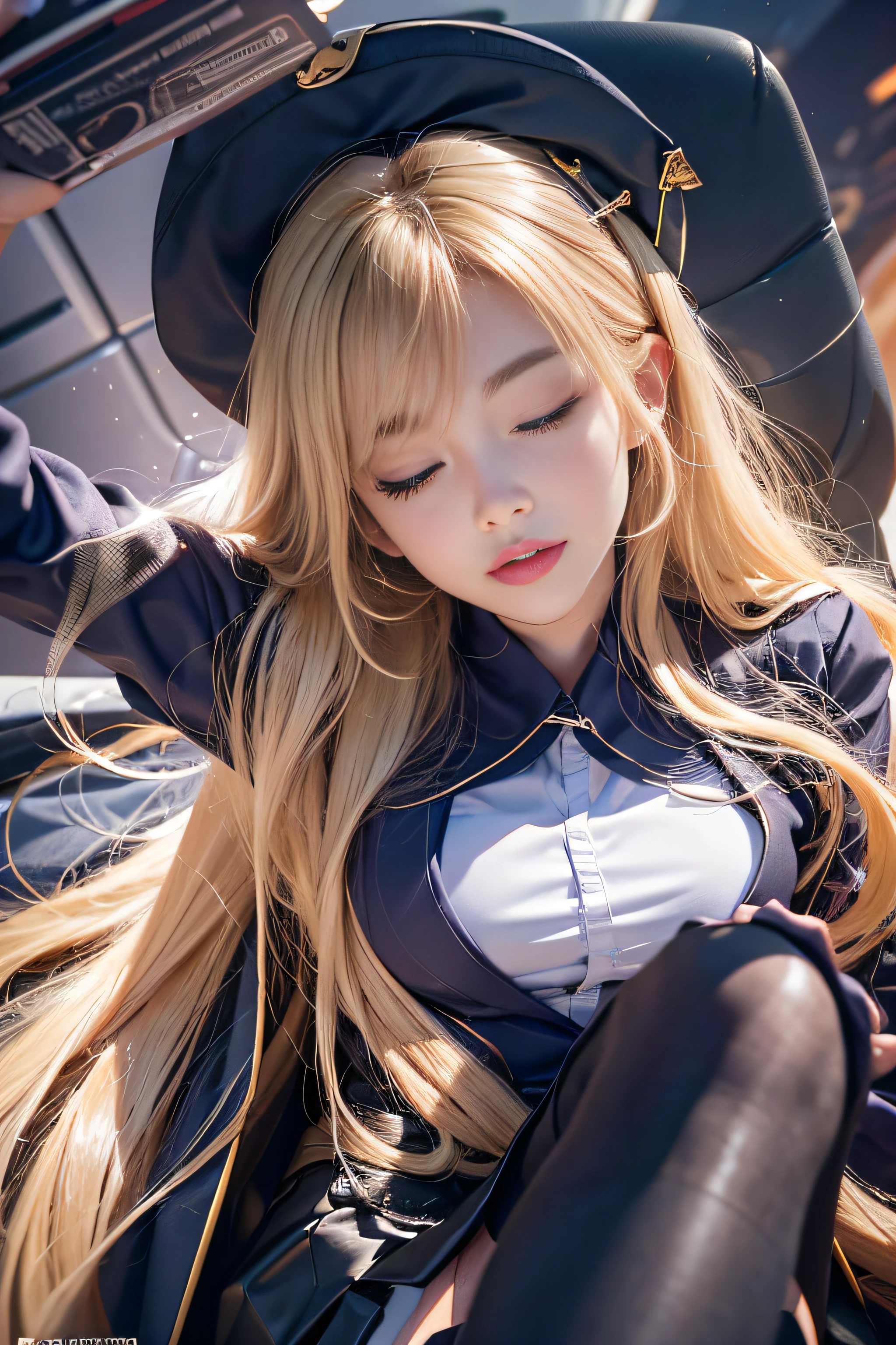 1girl in, Blonde hair, Bangs, Long hair, Straight hair, PUPILS SPARKLING, longeyelashes, makeup, Bright pupils,(blue eyess) lightsmile, depth of fields, One-person viewpoint, From below, wide angles, F/1.8, 135 mm, canon, nffsw, retinas, masutepiece, ccurate, Anatomically correct, Textured skin, Super Detail, high details, High quality, hight resolution, 1080p, hard disk, 4K, 8K(Woman sleeping on a reclining seat on an airplane）、((Beautiful flight attendants))，Super beautiful，perfect bodies,((Flight attendant clothing tight skirt))，gently smiling，(stockings，high-heels)，fully body photo,（lift up skirt),((Eyes closed))、