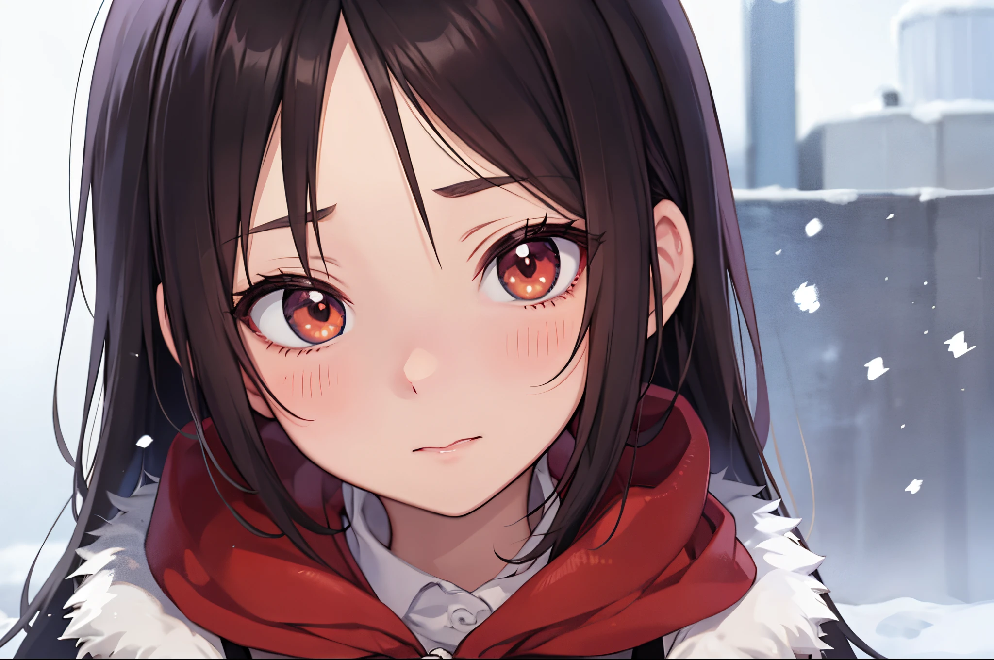 Anime style, 1 girl, winter, warm clothes, red cheeks, red nose, snowing, Background: winter、extreme close up portrait、Healthy Face