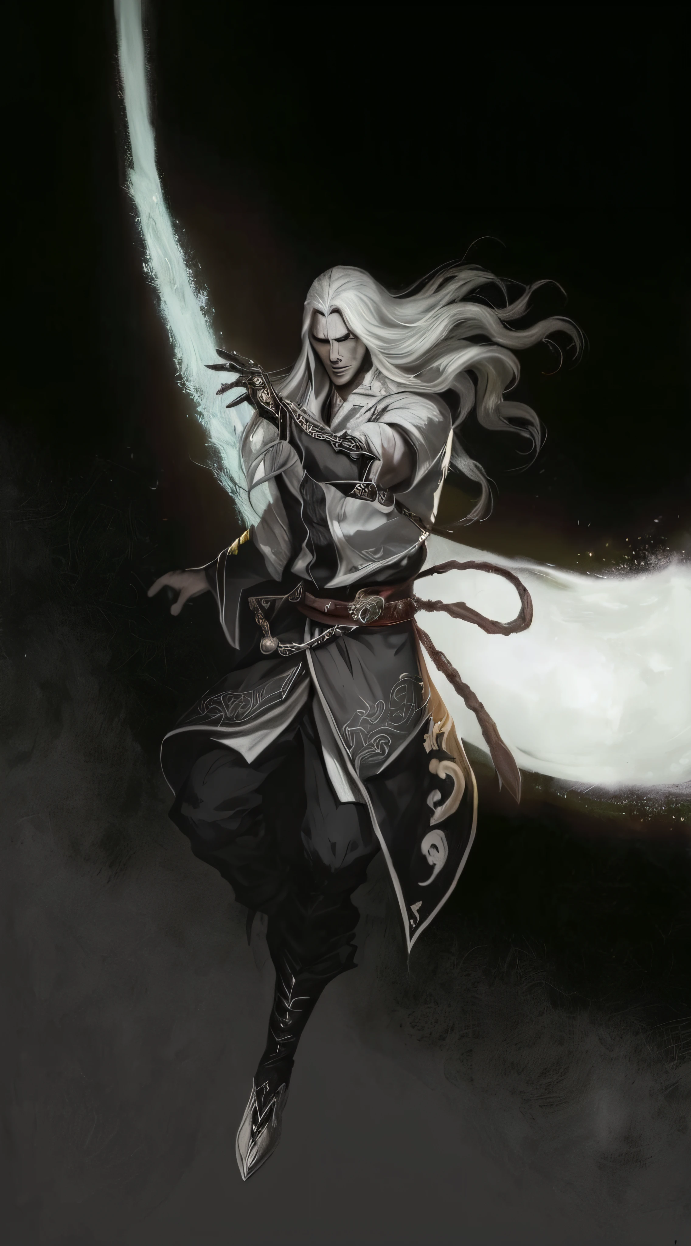 a woman in a black and white outfit is flying through the air, d&d dark sun character art, portrait of drizzt do'urden, dark fantasy character design, male drow, white haired deity, fit male demon with white horns, handsome drow, epic exquisite character art, of an elden ring elf, beautiful male god of death