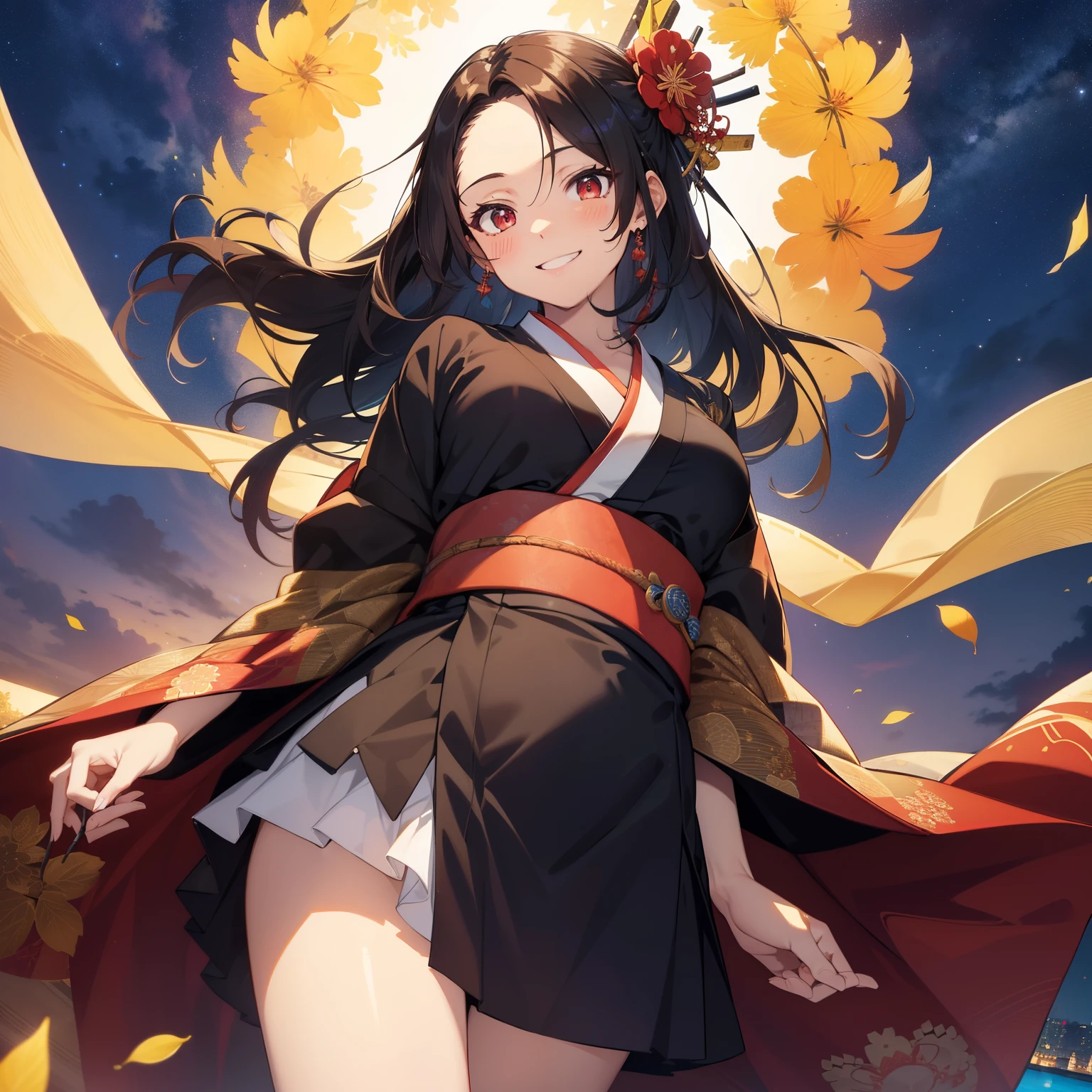 (masutepiece,Best Quality,8K),(extremely detailed CG1.1),teens girl,Smile,large boob,(From below:1.2),Intricate details , Hyper realistic, Perfect Anatomy,A dark-haired,Red Eyes,(((Forehead))),Permed hair with wavy hair,(((length hair))),Hair over one eye,hair slicked back,Full body,(((Kimono))),blush,Happy smile,Bedroom with night view,Colored leaves,Lens Flare,Wind,Magnificent view,(chromatic abberation:1.3),Dynamic Angle,Cowboy Shot,Looking at Viewer,