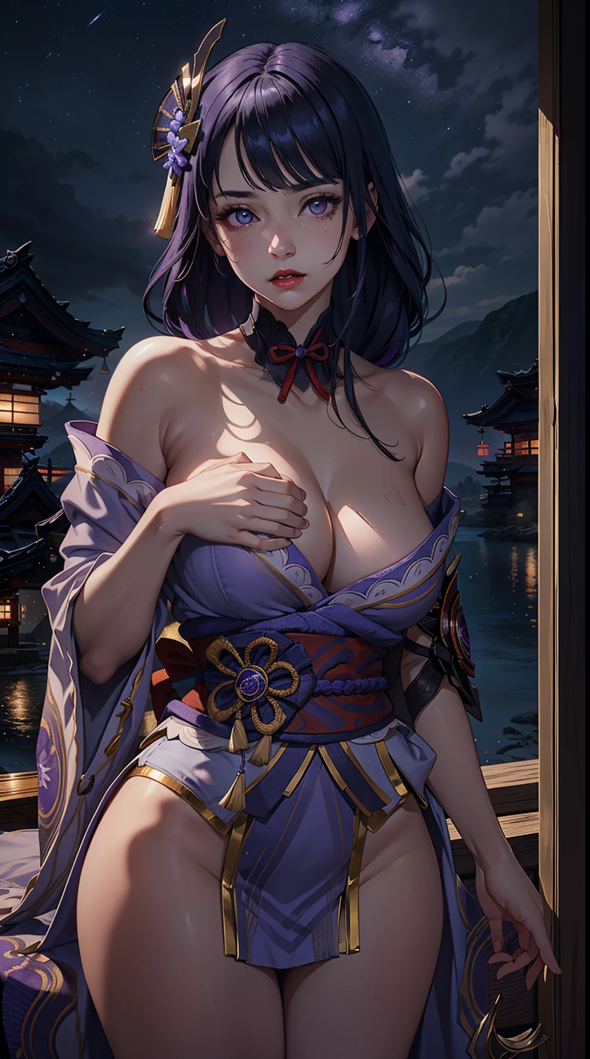 ((masterpiece)),(bestquality),((ultra-detailed)), ((beautiful detailed sky)), ((cinematic lighting)), depth of field, (dynamic angle),detailed lighting,((beautiful detailed eyes)), red lip, eyeshadow,large breast, cleavage, ((wearing tiny dress, off shoulders, bare hips)), ((raidenshogundef))