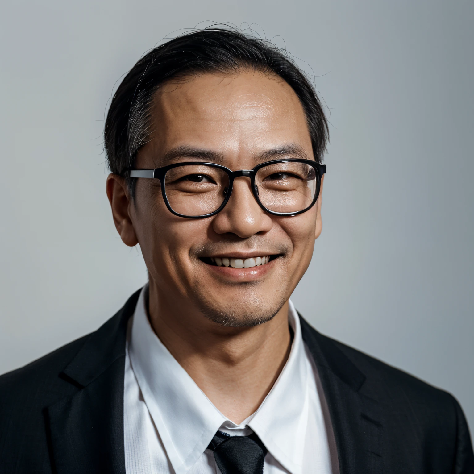 Close-up of a smiling middle-aged Chinese man wearing a black suit，Wear glasses on a white background，face towards camera