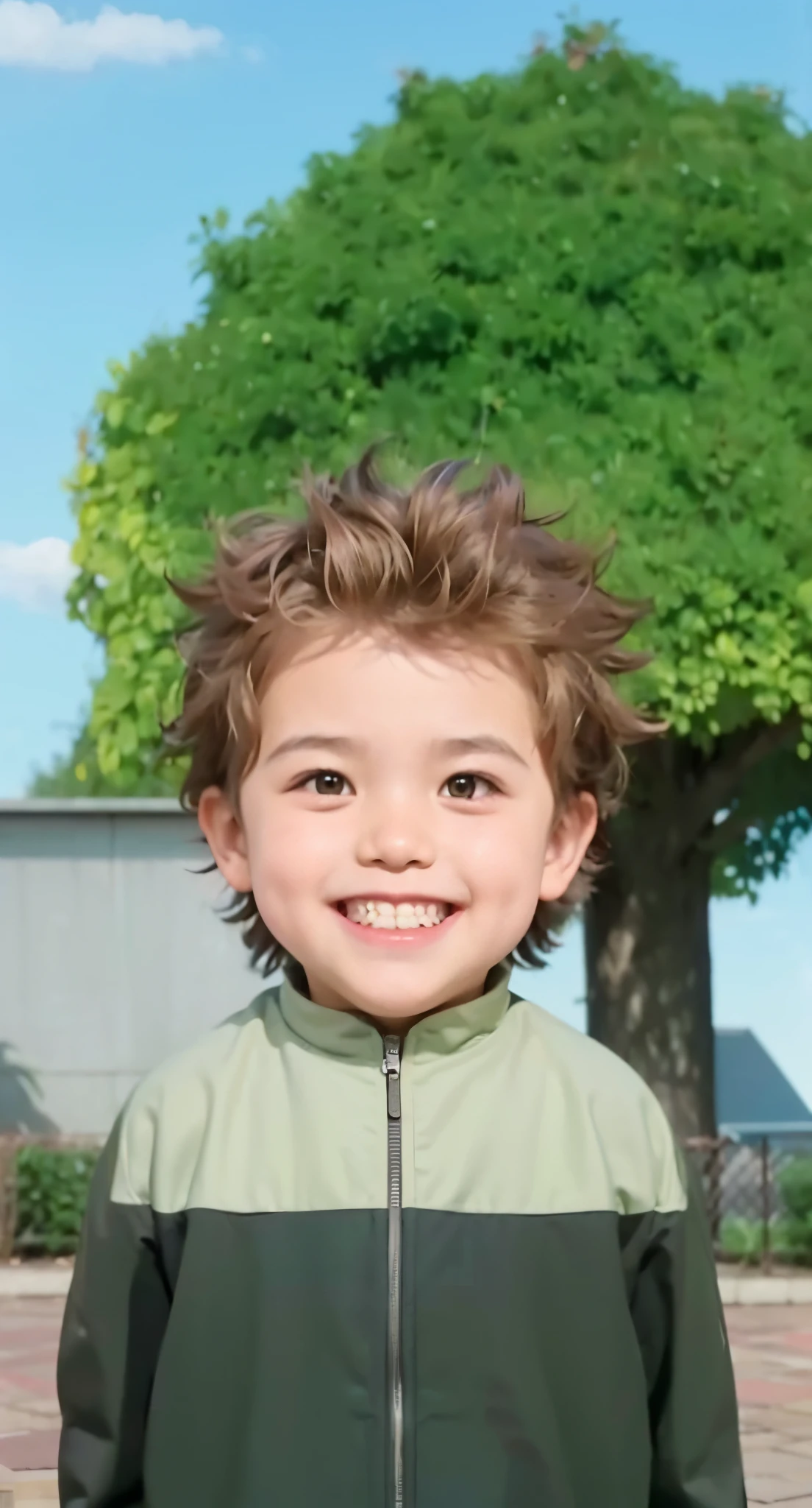 Real life adaption of this character ,The handsome face of a little boy And has chubby cheeks, realistic spiky hair , (realistic same outfit), realistic background , realistic light, realistic shadow, realism, hyper realistic,(photorealistic:1.2), normal small eyes,laughing expression