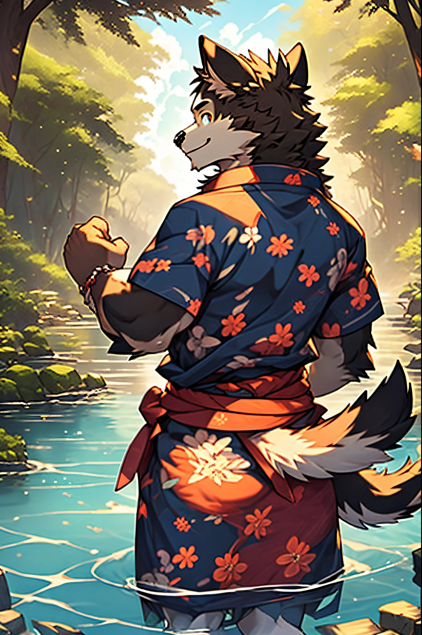 furry, portrait of a male anthro dog fursona, , wearing Traditional Japanese costume,Jinbei, in a river,Soak waist-deep in water,Looking back and beckoning,smile,fantastic atmosphere,anime like