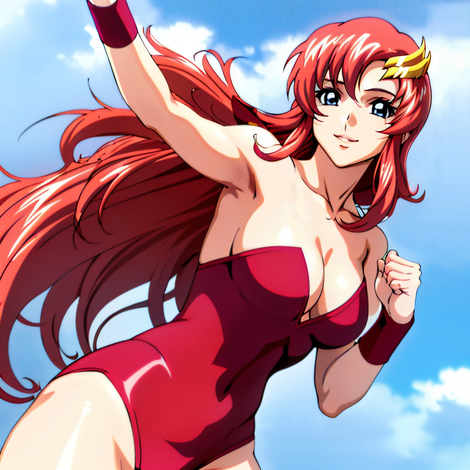 (masterpiece, armpit lines, upper body view, 4K, Best Quality, Anime style: 1.9, far view, Adult Woman, (stretching), ultra detailed face, (cloud background, wrestling), Drawing lines, high resolution, Anime, lacus4), 1girl, Solo, curvy figure, Long hair, 鎖骨, scapular, (Detailed wide hair bangs, Hair Ornament, Detailed reddish-pink hair, shiny streaks, hair cover shoulders, golden crest), cleavage, large hands, (female wrestler). (Big blue eyes, shiny eyes), ((female wrestler, (slim body), , little biceps, closed fists, thighs)), ((perfect proportions, medium breasts, long belly)), (((red strapless, neck band))), happy, smile, (standing, looking at the viewer)