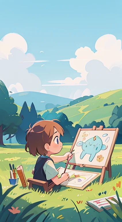 Child drawing on drawing board with paintbrush,Background Meadow,Faraway view,Skysky,Look up