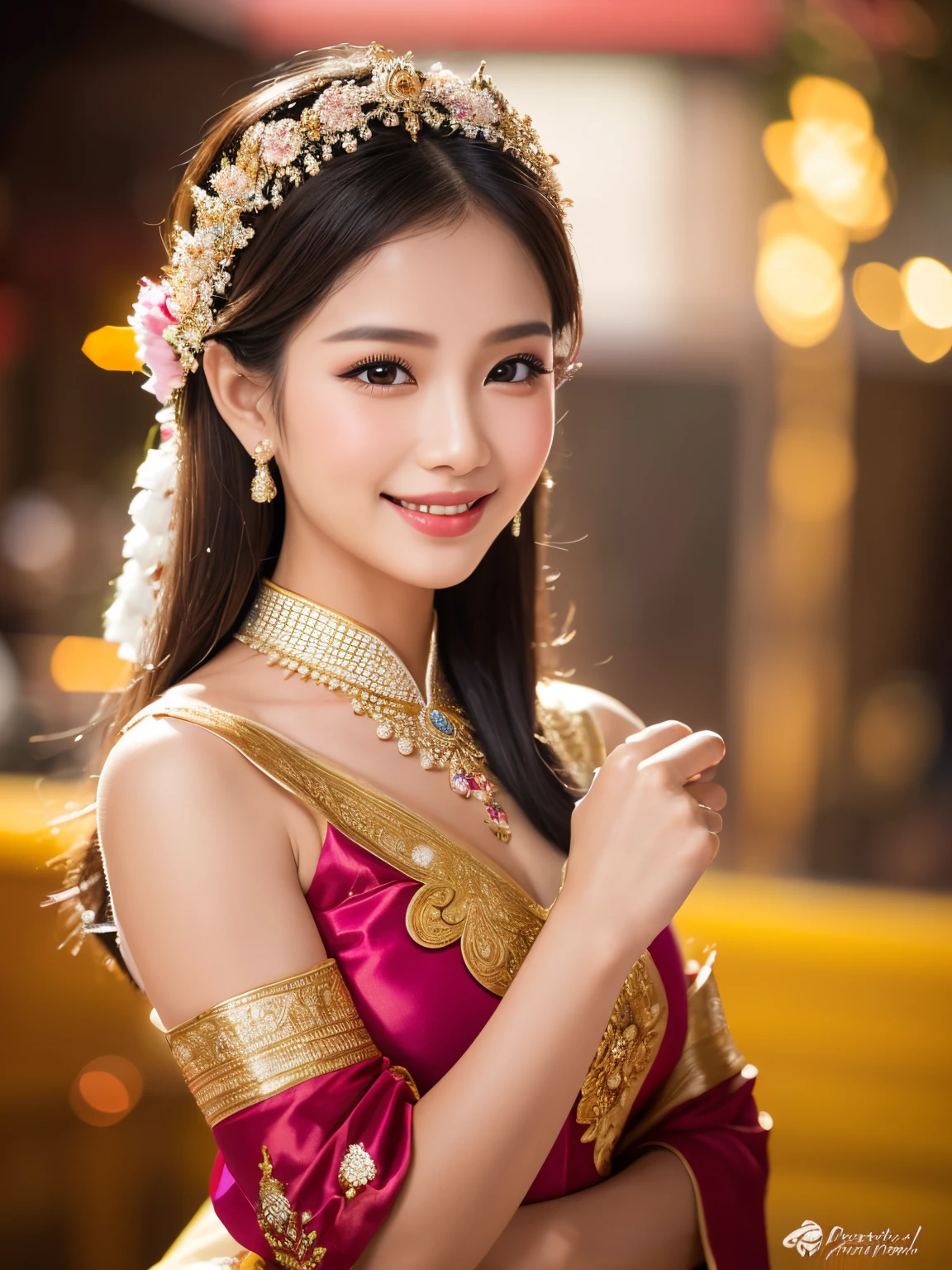 8k,A captivating Portriat image of a stunning Thai woman with an enchanting presence, adorned in traditional Thai attire. Highlight her gracefully poised face, eyes sparkling with radiance, and a captivating smile. immersed in the joyous preparation for Loy Krathong. Capture the elegance and beauty of Thai culture, blending traditional attire with the spirit of the festival.