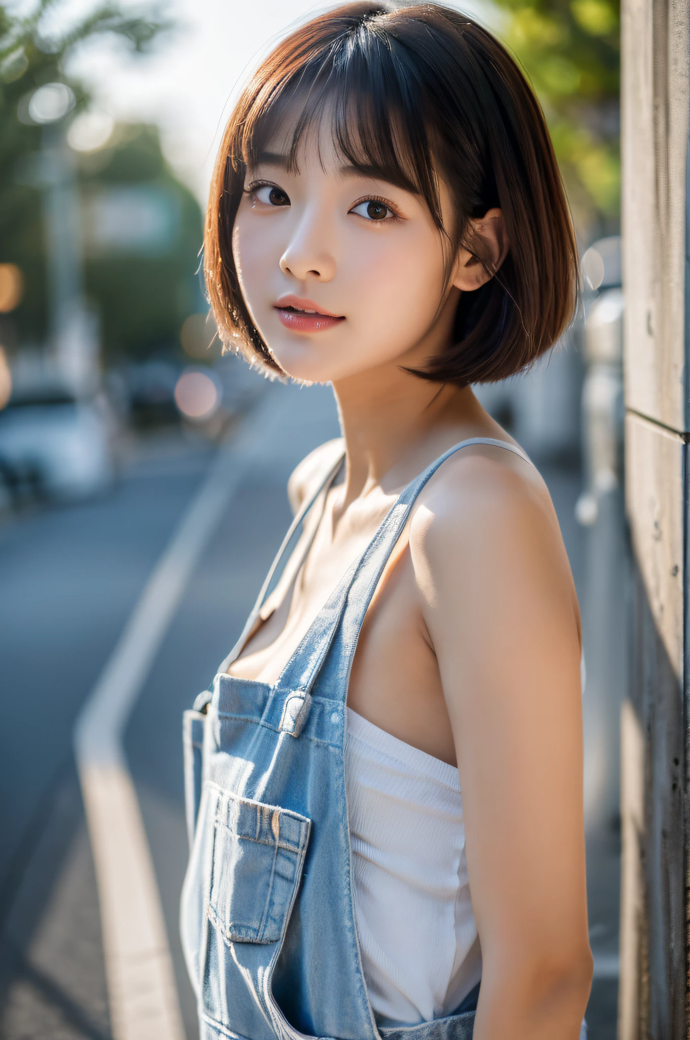 (masterpiece), (best qualtiy), 8K resolution, 1girl in, asian human, Breathtaking beauty, face perfect, the perfect body, 20yr old, A sexy, ciinematic light, short-haired, large full breasts 、Wearing overalls naked、Stonewash、、、、、