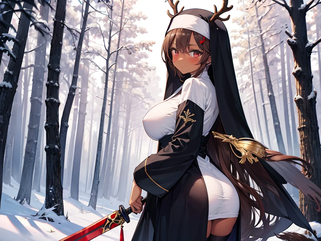 long hair, brown hair, (dark skinned female), (nun), big breasts, Big ass, Deer antlers, heavy body, large body, venus body, red blush, stockings, winter forest background, small sword, gold decoration,